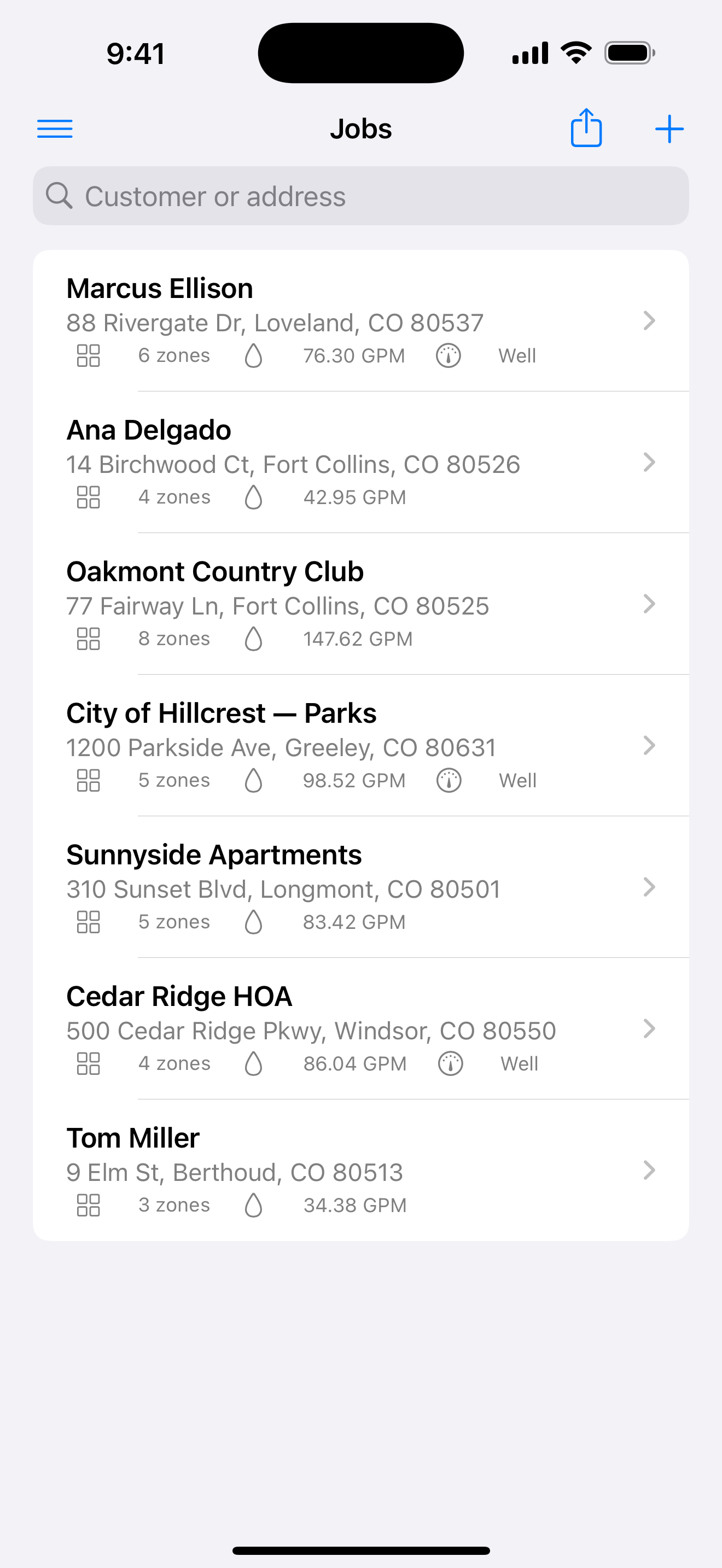 FlowSpec jobs list showing customers with zone counts and system GPM