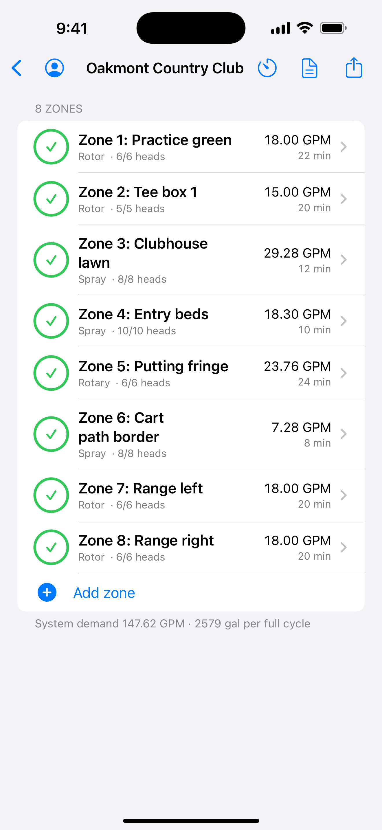 FlowSpec zone list with per-zone flow rate and run time