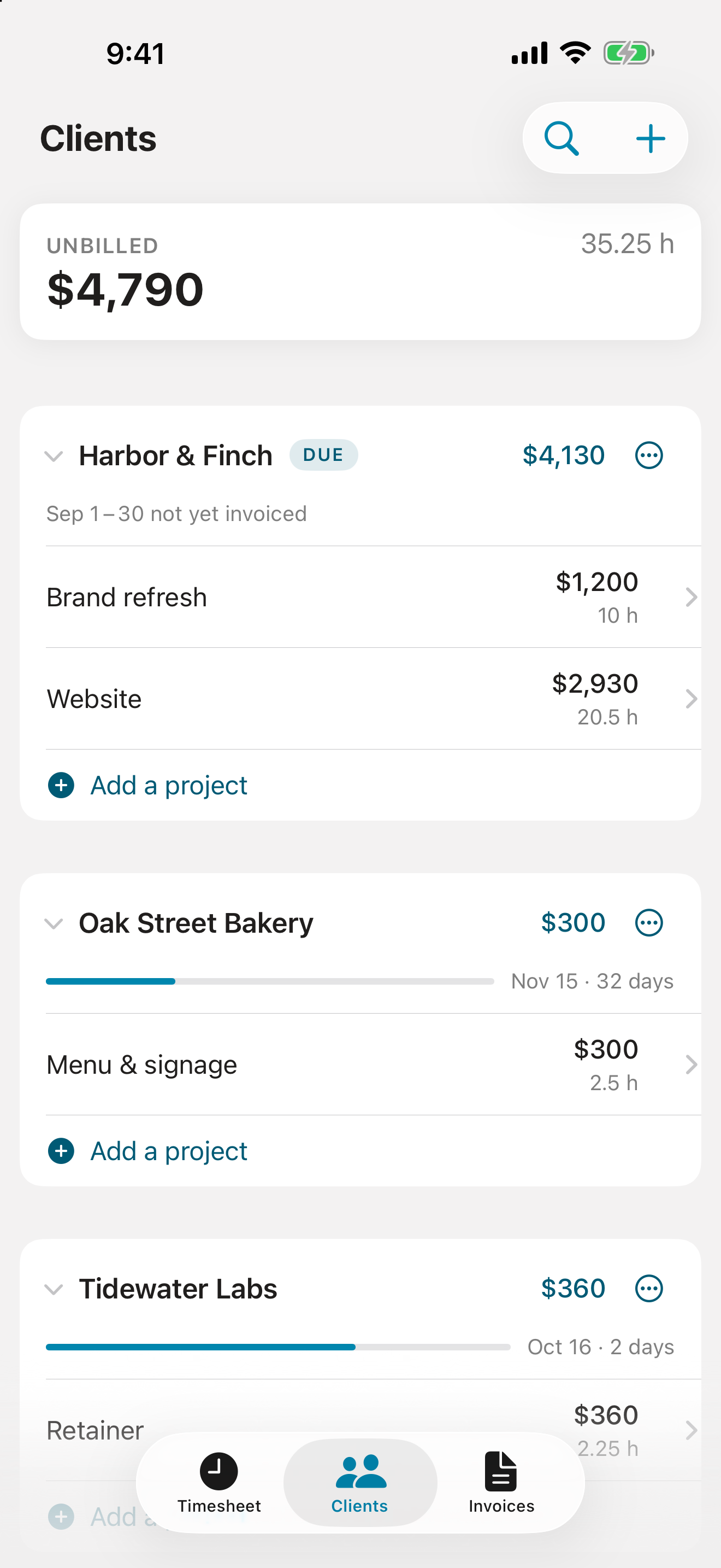 Clients: $4,790 unbilled across three clients, each with its projects, unbilled amounts, and next invoice date