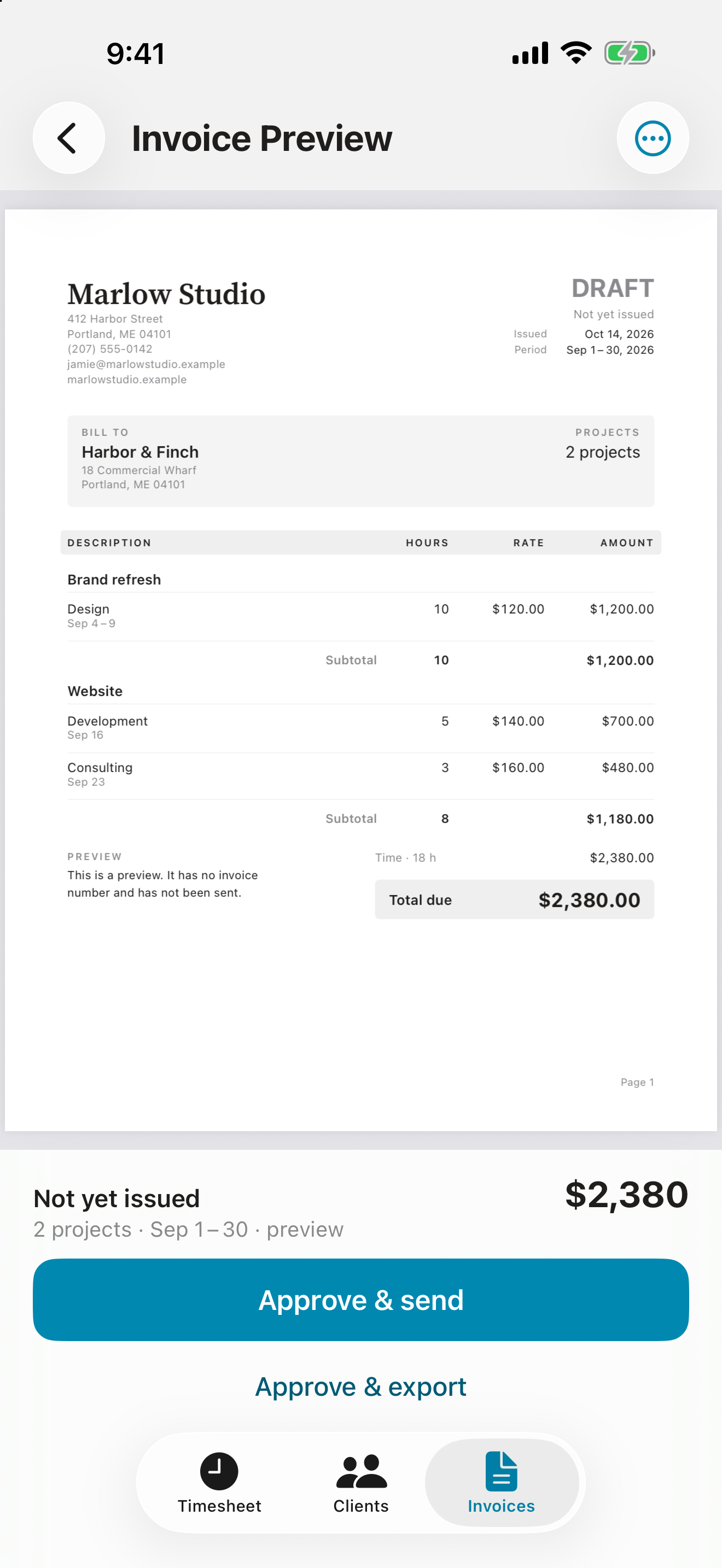 Invoice preview: a two-project invoice for $2,380 on the business letterhead, ready to approve and send