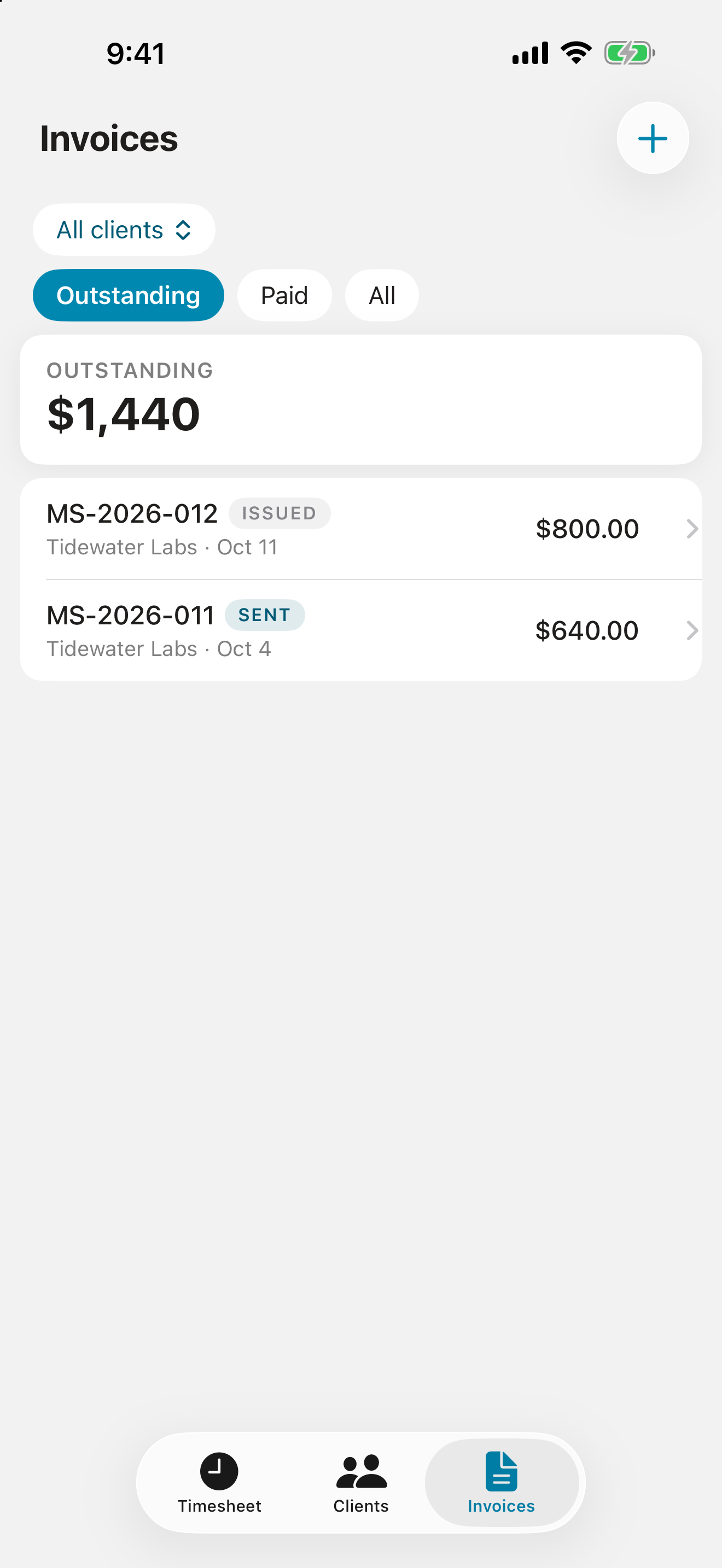 Invoices: $1,440 outstanding, with each invoice marked issued or sent