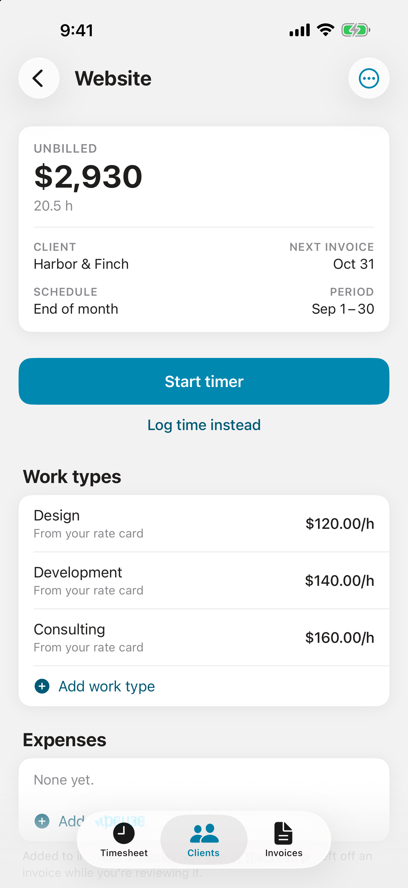 Project screen: unbilled total, next invoice date, and work types priced from the rate card