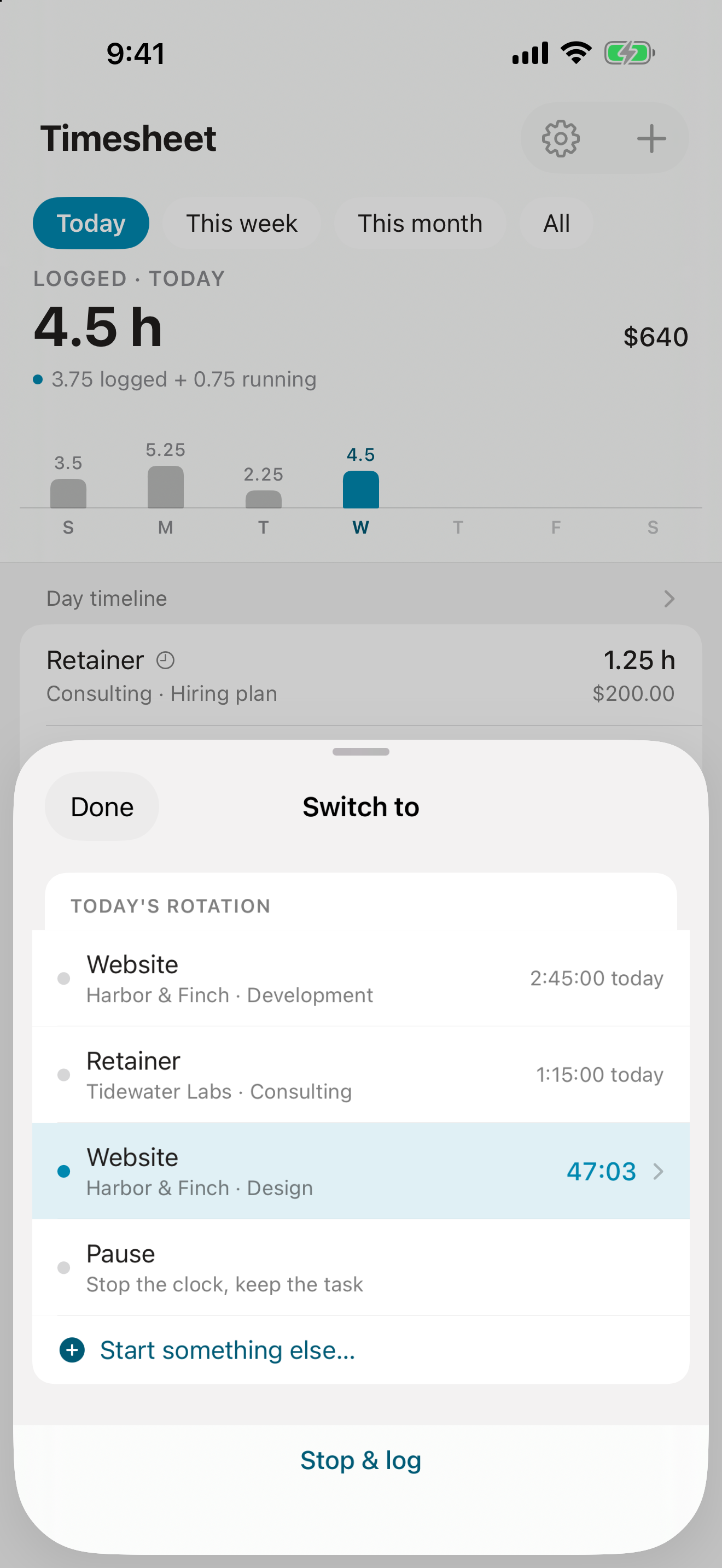 Switch sheet: today's rotation of tasks with the time on each, ready to switch with one tap