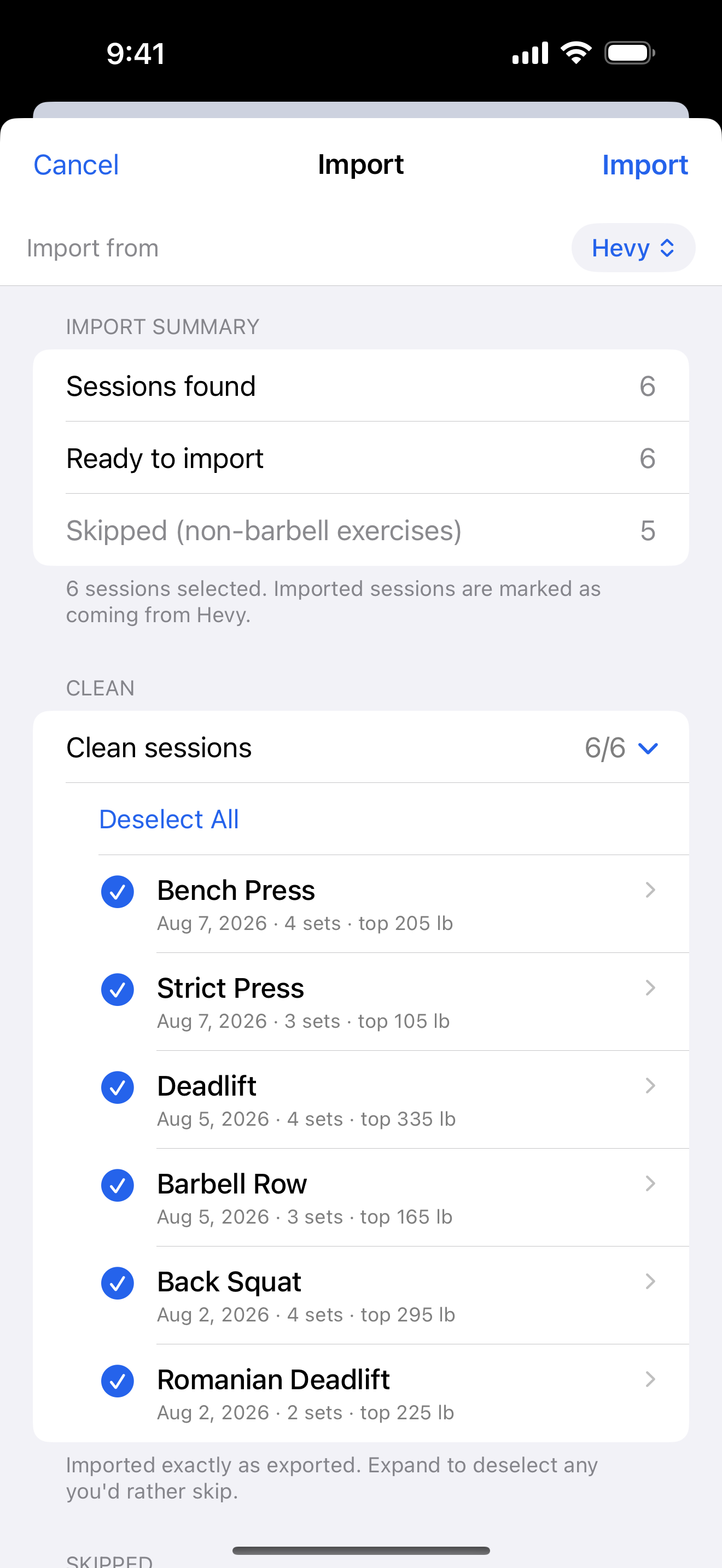 Import screen: workout sessions imported from Hevy, with skipped items explained
