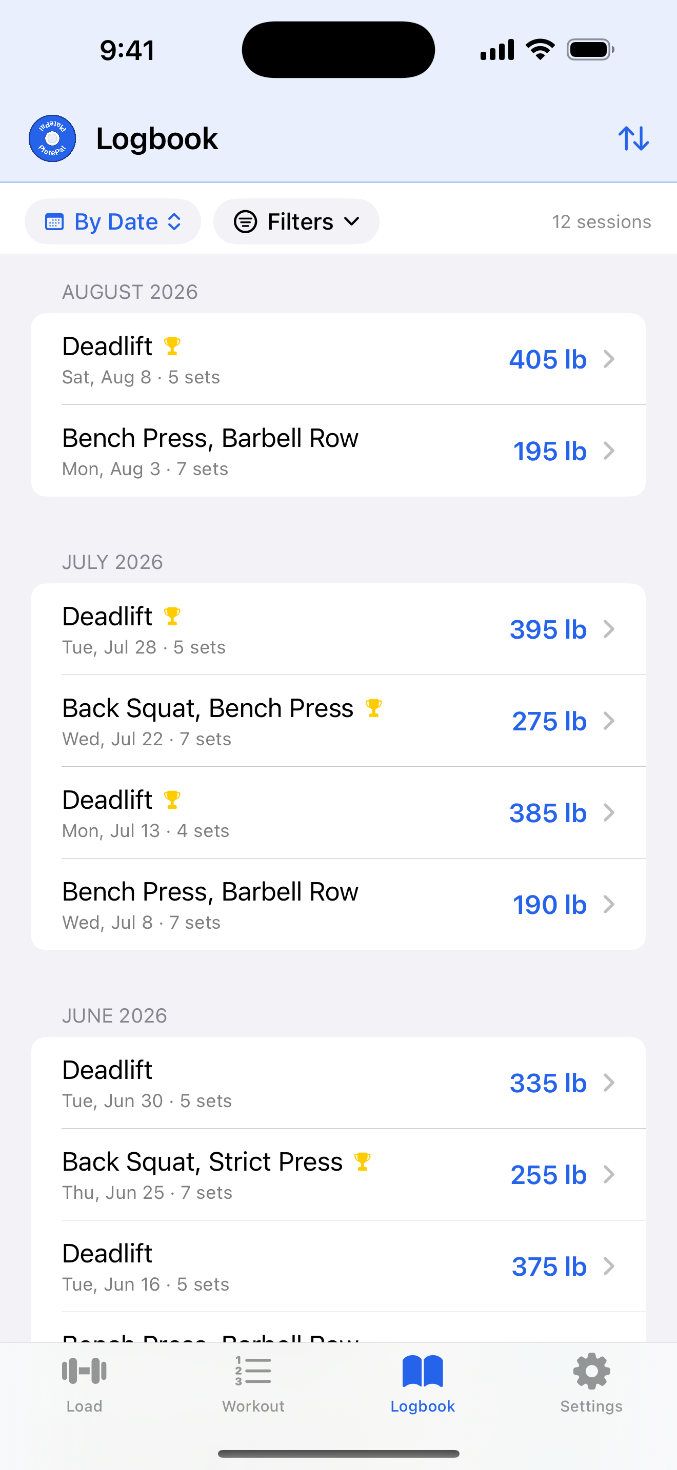 Logbook timeline: every saved workout session with PR trophies, newest first