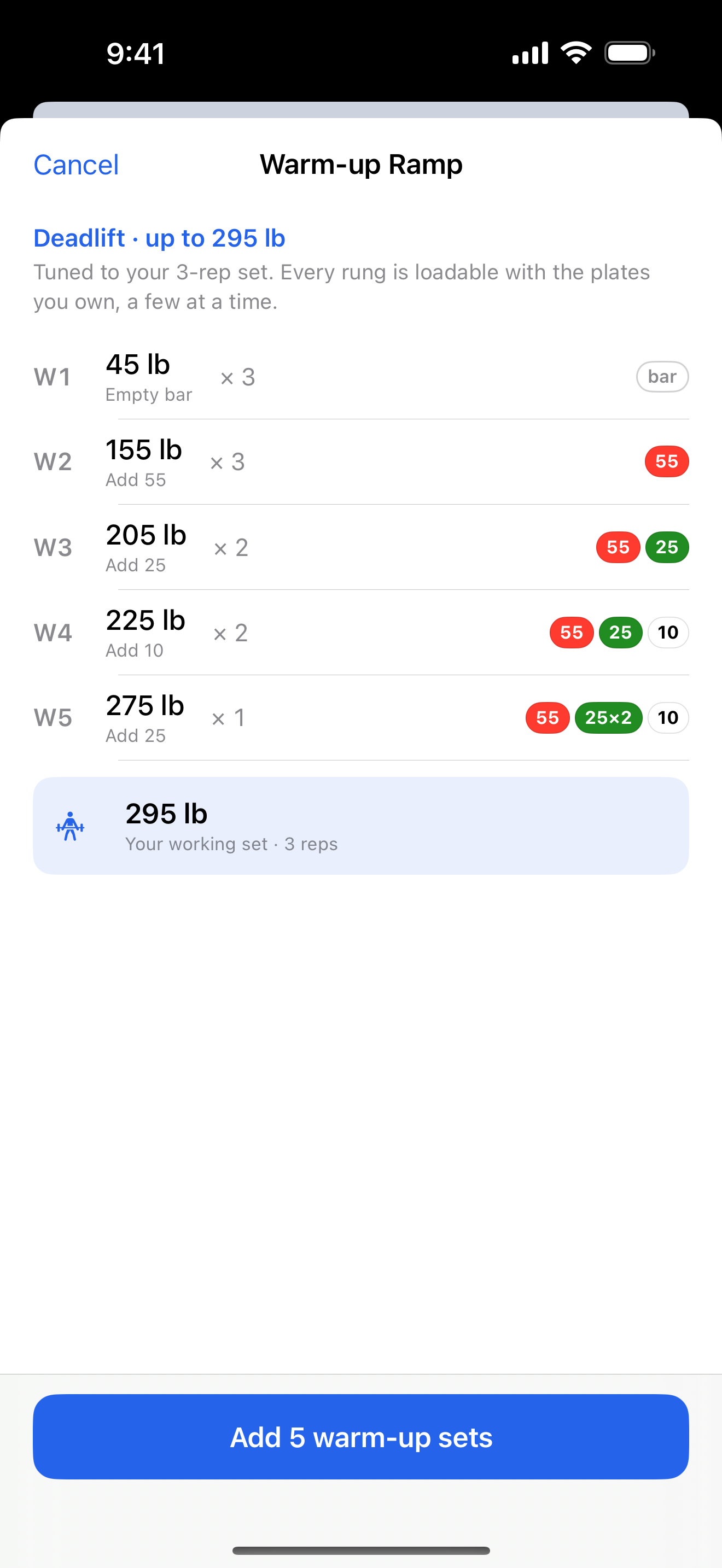 Warm-up ramp planner: five steps, each reachable by adding plates you own