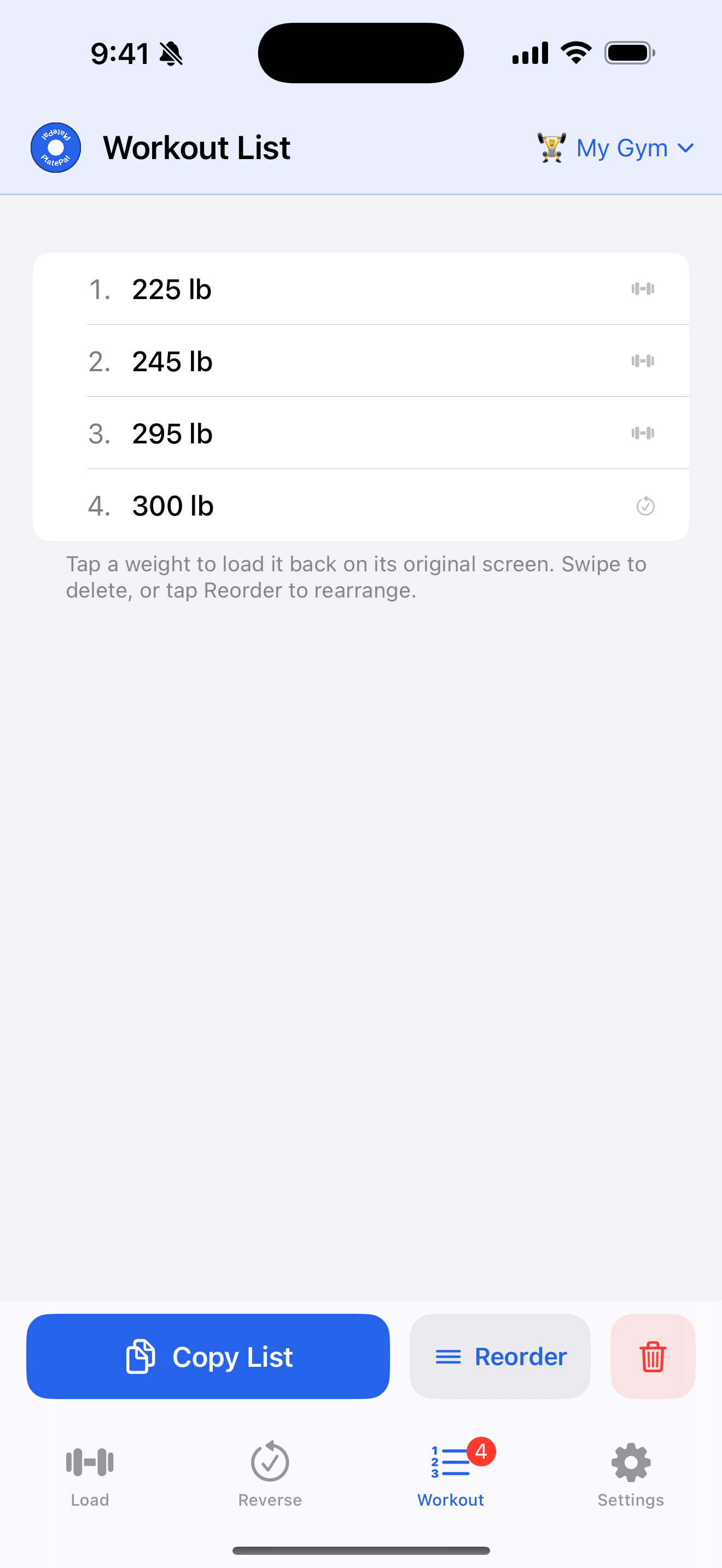 PlatePal workout list